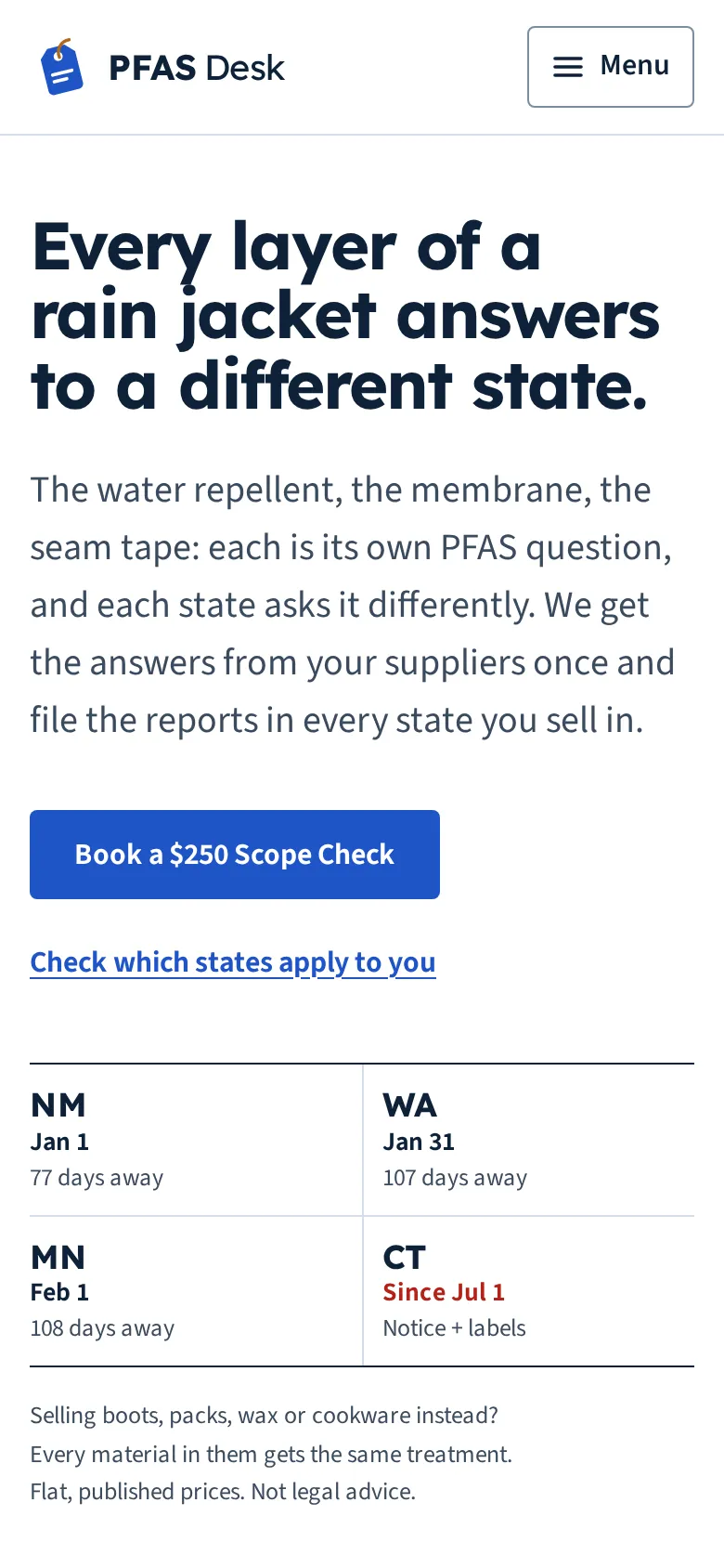 PFAS Desk — the homepage on mobile