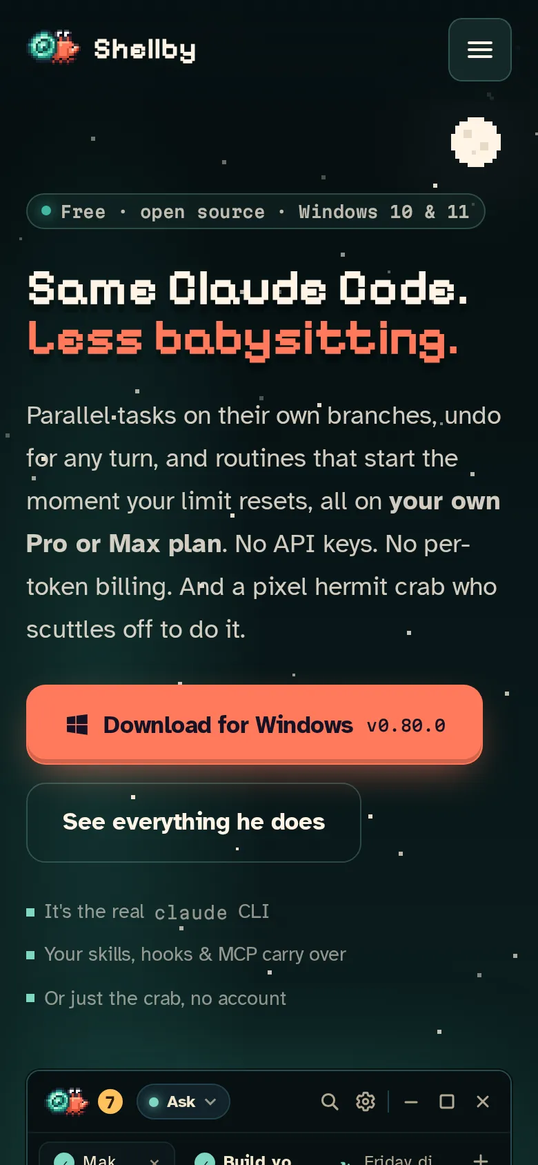 Shellby — the homepage on mobile