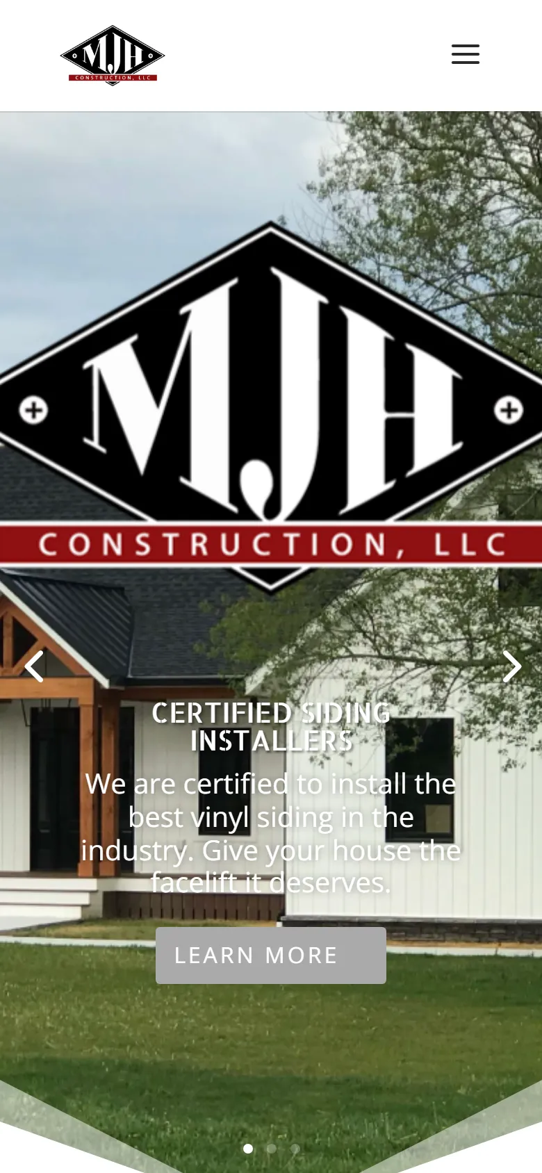 MJH Construction — original homepage on mobile